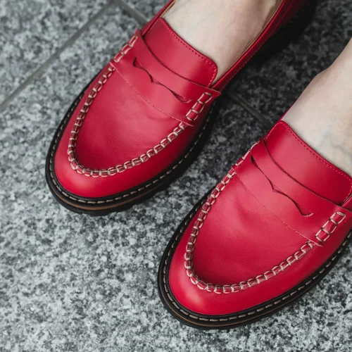 Red Penny Loafer Women Shoes, Flat Red Leather Loafers