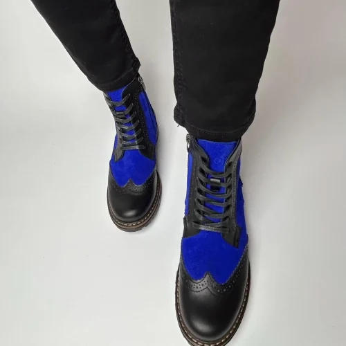 Black Leather & Cobalt Suede Brogue Boots