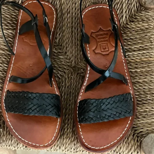 Black Braided Moroccan Handmade Leather Strap Sandals