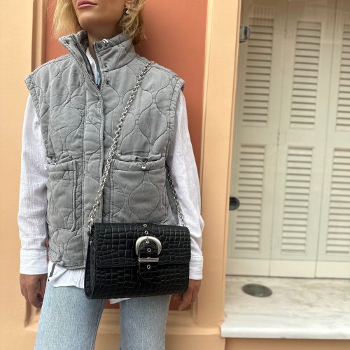 Black Leather Shoulder Bag Women Purse Silver Chain