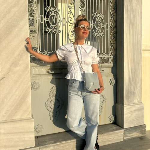 Handmade Blue Leather Bucket Bag Women Purse Gold