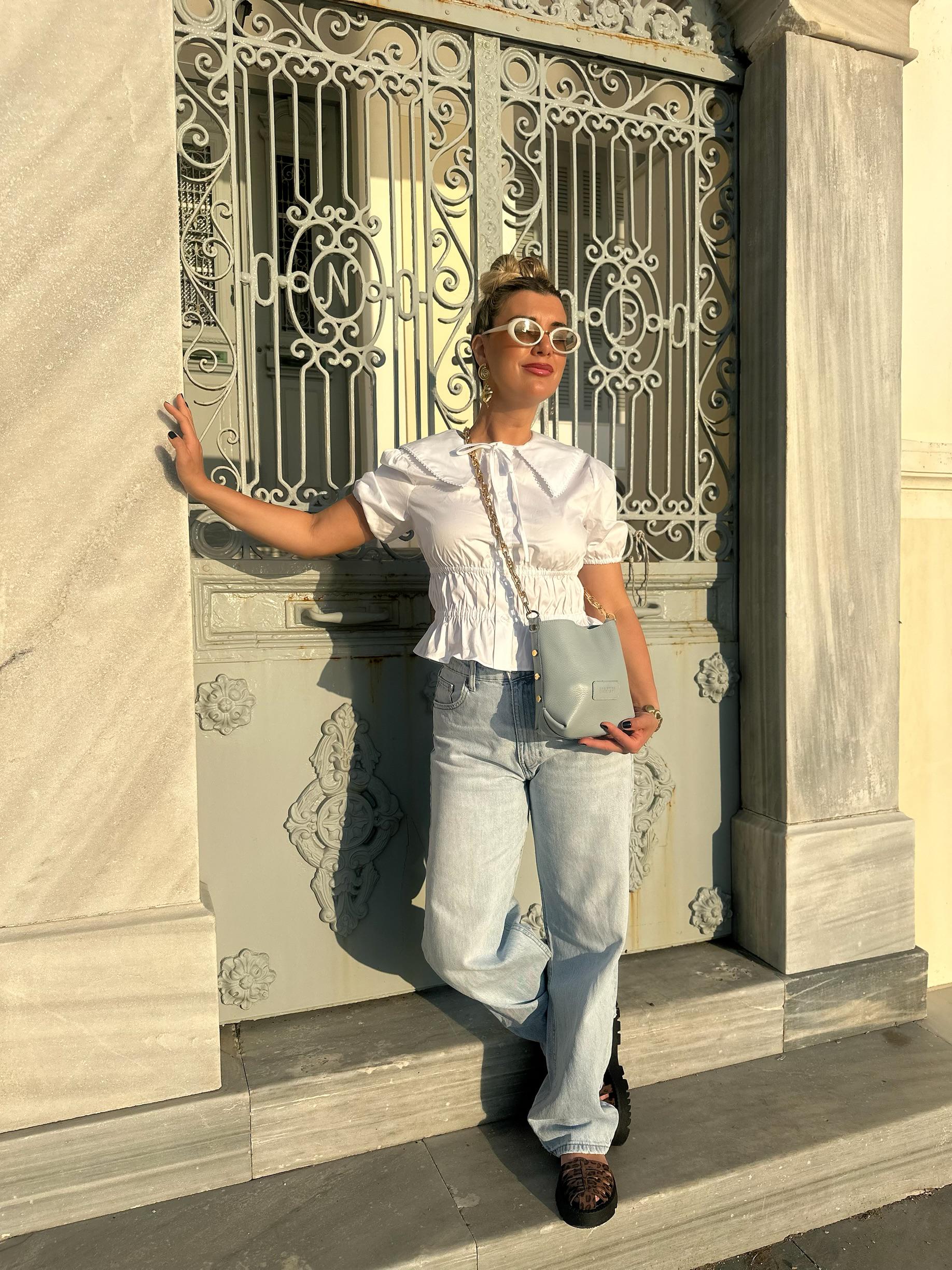 Handmade Blue Leather Bucket Bag Women Purse Gold